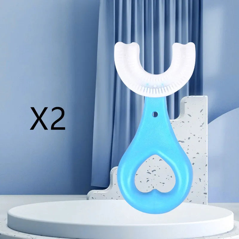 Children's U-shaped soft rubber toothbrush in pink and blue colours.