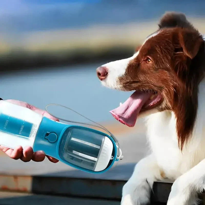 Versatile 3-in-1 pet water bottle with integrated water dispenser, food container, and waste bag compartment