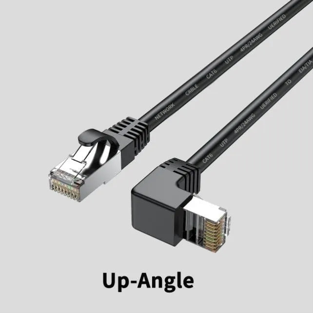 Black Cat6 Ethernet cable with a right-angled metal RJ45 connector, showing the 90-degree bend and cable length.