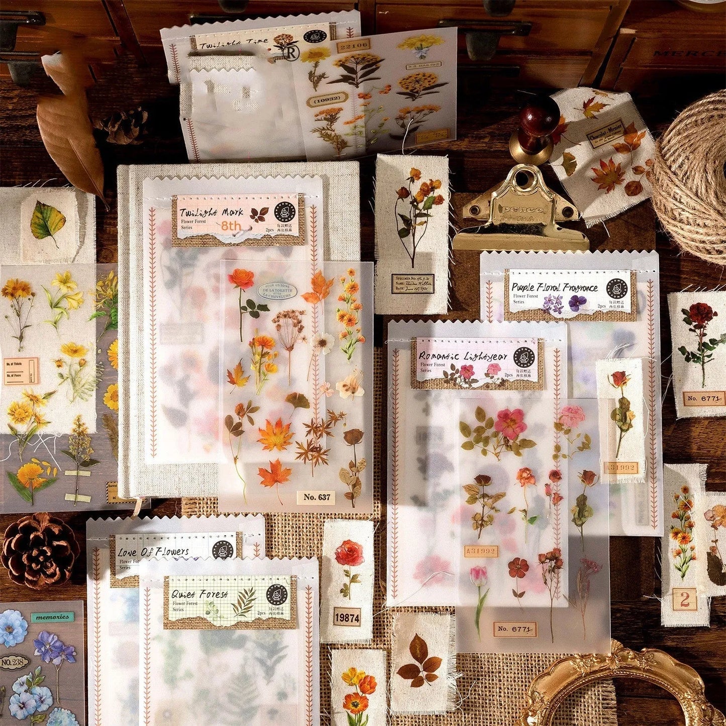 Forest label sticker material pack showing transfer paper and cotton linen sheets with nature designs in 85x180mm size