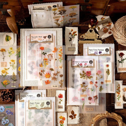 Forest label sticker material pack showing transfer paper and cotton linen sheets with nature designs in 85x180mm size