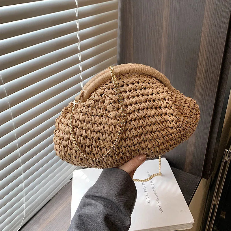 Women's paper straw beach shoulder bag in khaki colour with chain decorative elements