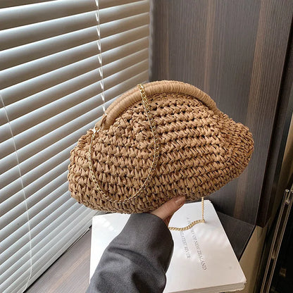 Women's paper straw beach shoulder bag in khaki colour with chain decorative elements