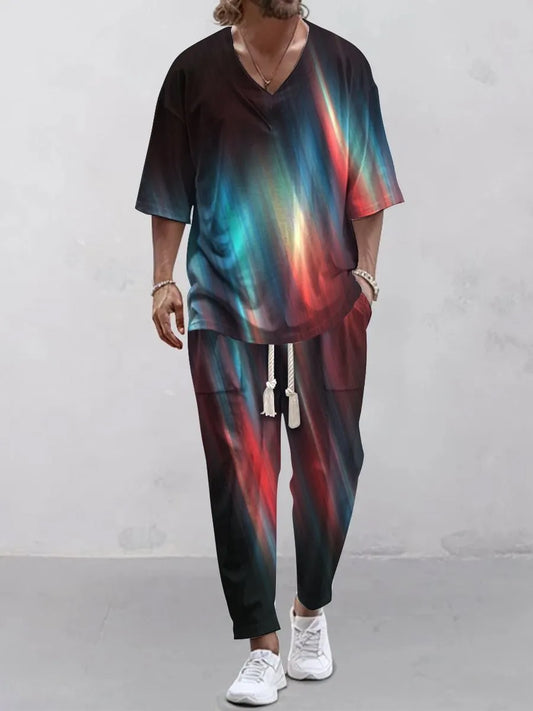Cropped sleeves V-neck trousers suit in thin polyester fabric, available in multiple colours and sizes from S to 6XL
