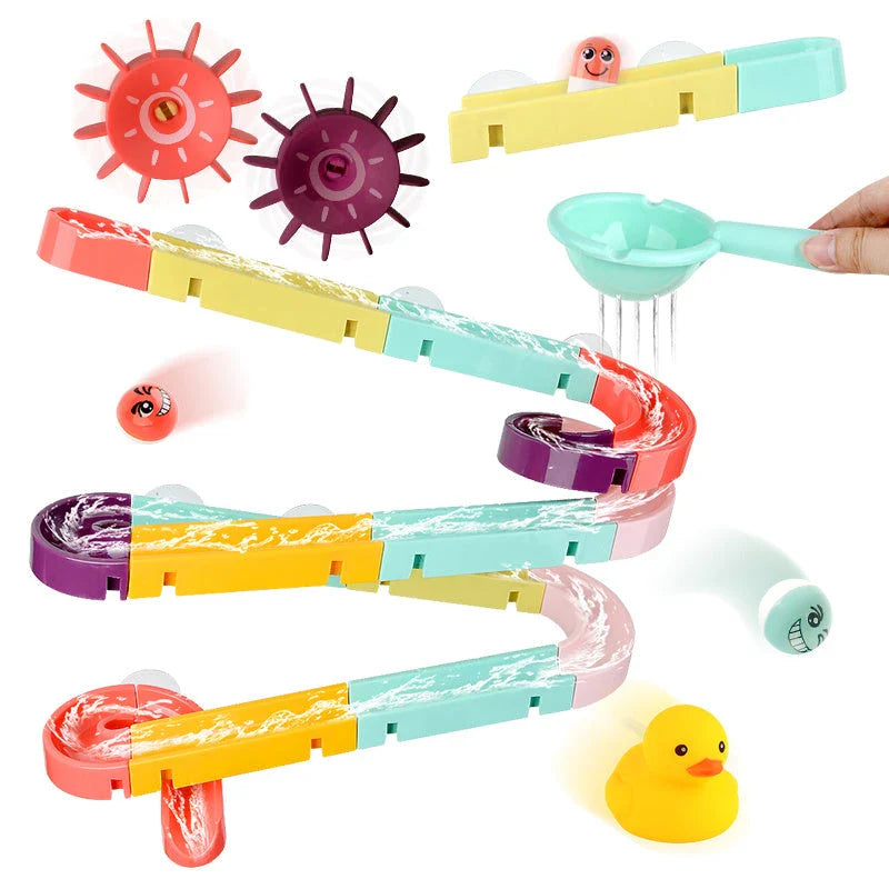 Splash-Tastic Marble Ramp Toy: A colorful, interactive bath time toy that encourages water play and cognitive development in children.
