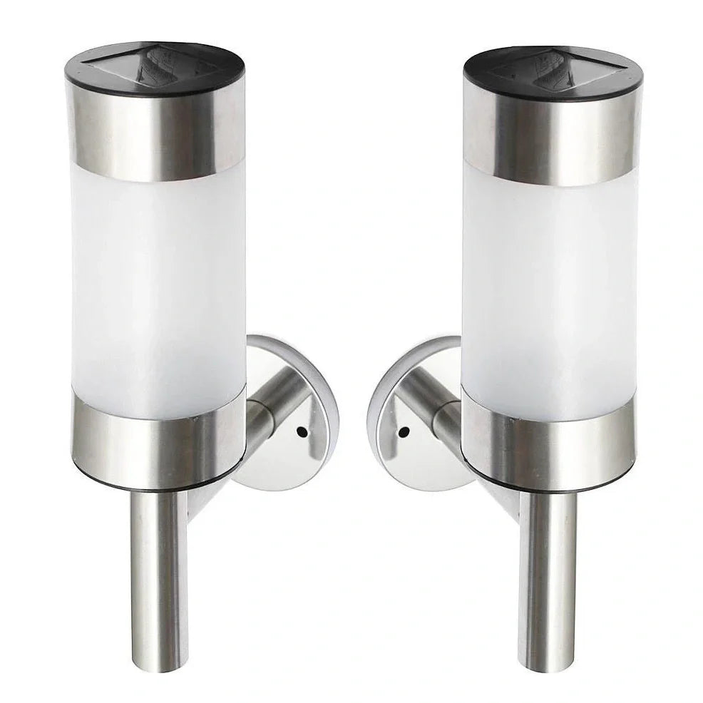 White solar wall light with integrated solar panel and LED, 7.6x12x25cm dimensions