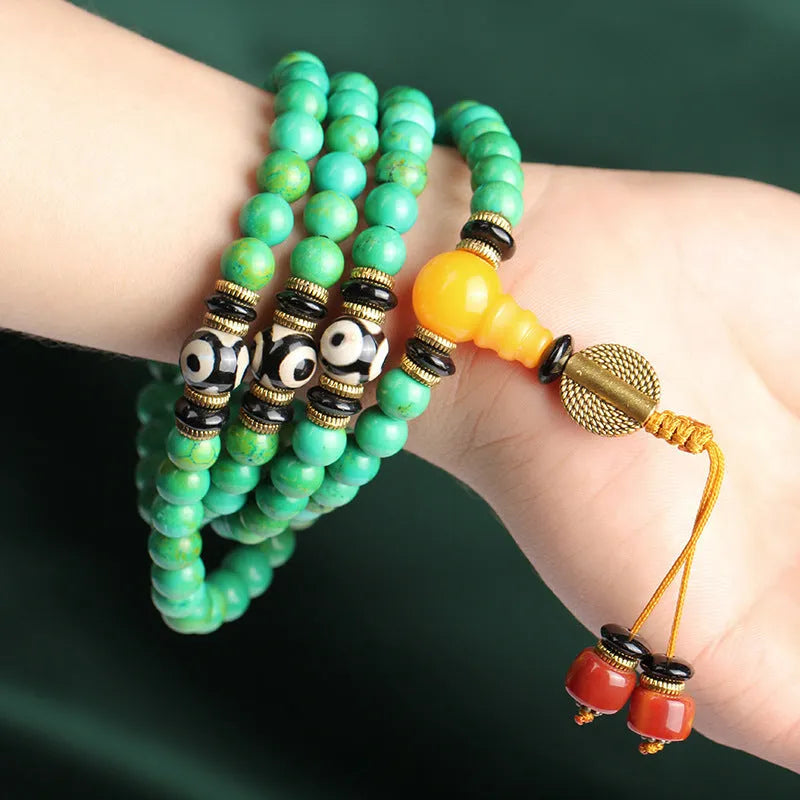 Natural turquoise bracelet with 108 polished 8mm round beads in national folk style