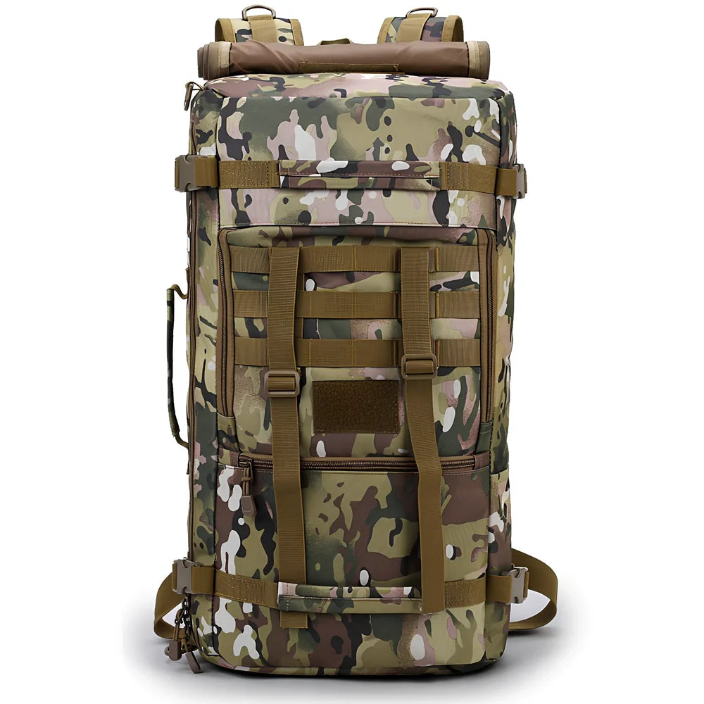 Camouflage tactical backpack with multiple compartments and MOLLE webbing on front and sides