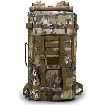 Camouflage tactical backpack with multiple compartments and MOLLE webbing on front and sides
