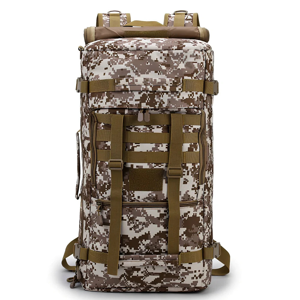 Camouflage tactical backpack with multiple compartments and MOLLE webbing on front and sides