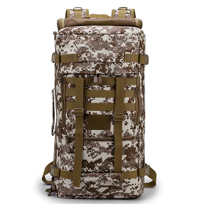 Camouflage tactical backpack with multiple compartments and MOLLE webbing on front and sides