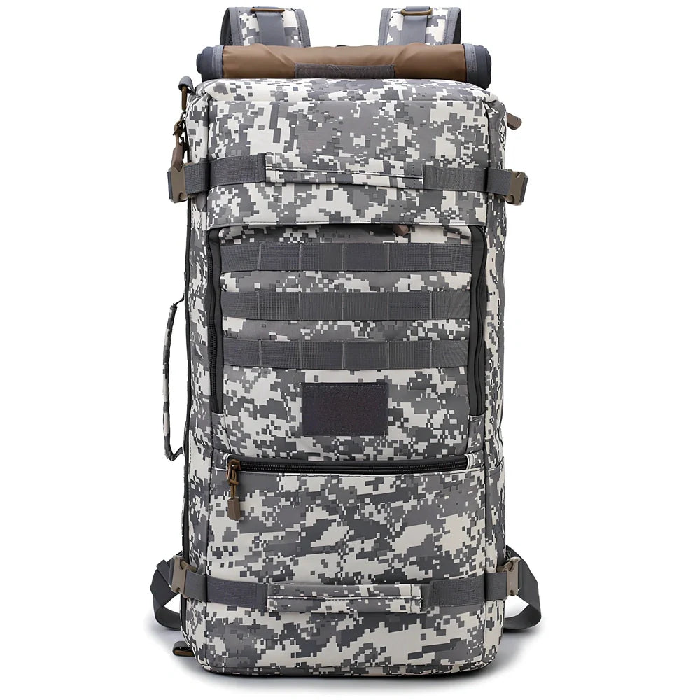Camouflage tactical backpack with multiple compartments and MOLLE webbing on front and sides