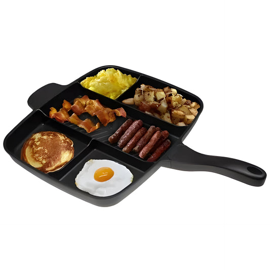Large silver multifunctional 5 in 1 frying pan with non-stick coating and black handles.