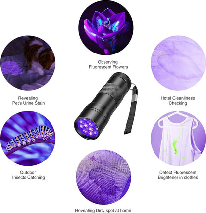 Black and silver handheld UV LED flashlight for detecting stains and insects.