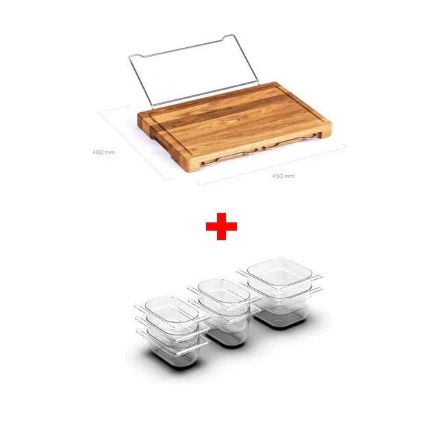 Bamboo cutting board with plastic storage trays for meal prep and organization