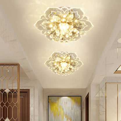 Modern minimalist crystal ceiling lamp with flower-shaped acrylic shade and stainless steel mount
