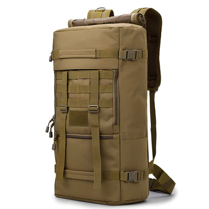 Camouflage tactical backpack with multiple compartments and MOLLE webbing on front and sides
