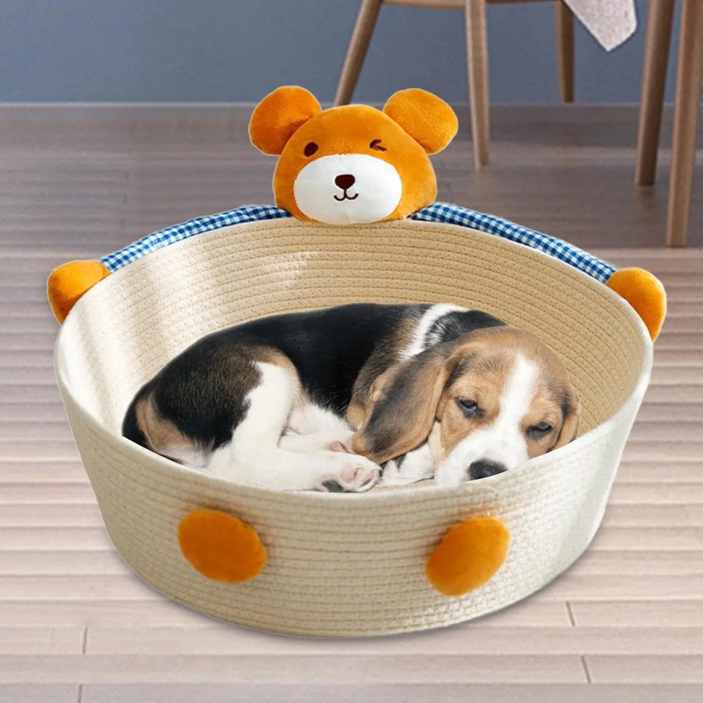 Woven cotton rope basket serving as a pet bed and integrated scratch board for cats, shown in a beige colour.