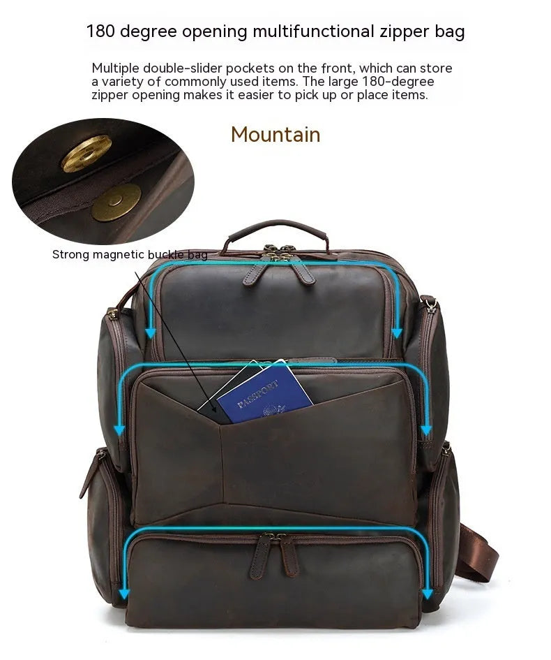 Dark brown leather backpack with embossed texture, double shoulder straps, and multiple zippered compartments for 17-inch laptops