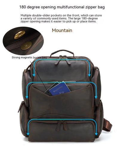 Dark brown leather backpack with embossed texture, double shoulder straps, and multiple zippered compartments for 17-inch laptops