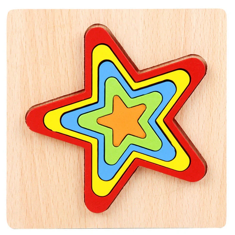 Wooden geometric puzzle with 10 shape graphics in red, yellow, blue, green, and orange colours