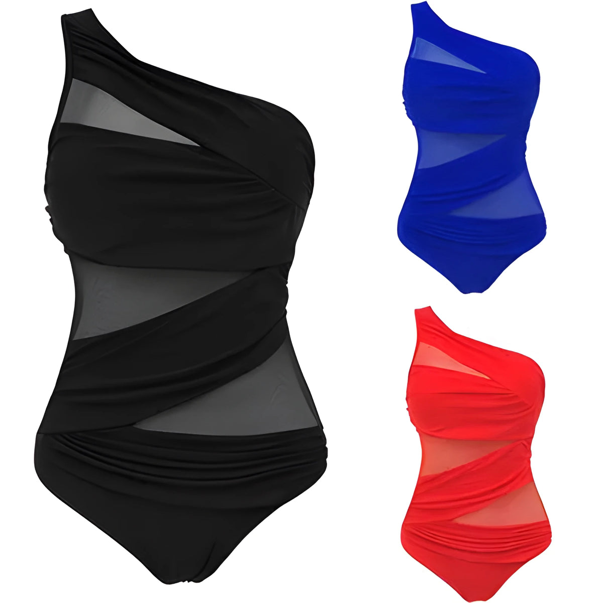 Women's plus size one-piece swimsuit in solid colour nylon with chest pad, available in black, blue, and red, sizes M to 4XL.