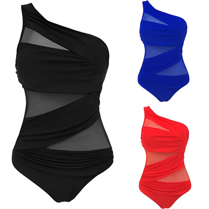 Women's plus size one-piece swimsuit in solid colour nylon with chest pad, available in black, blue, and red, sizes M to 4XL.