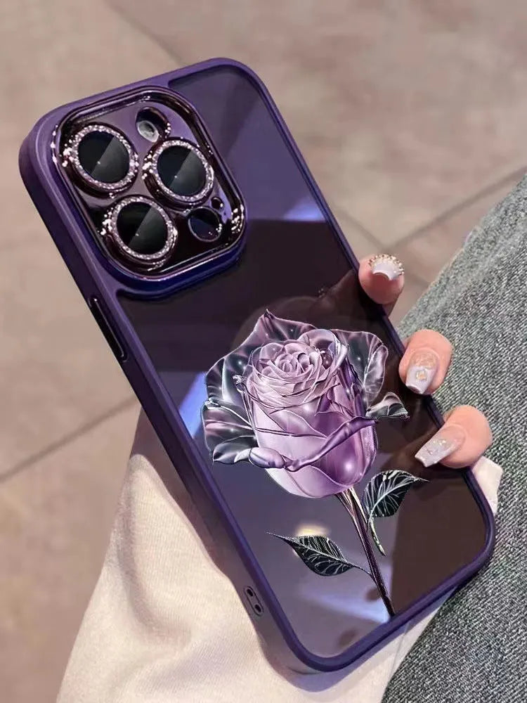 Dark purple TPU phone case with a rose pattern and a sparkly pink lens film for iPhone.