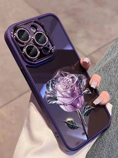 Dark purple TPU phone case with a rose pattern and a sparkly pink lens film for iPhone.