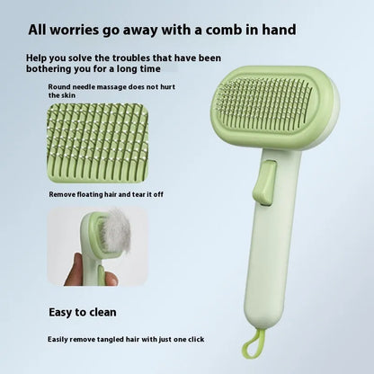 Large one-click pet hair removal and knot untying comb in light grey, showing stainless steel teeth.