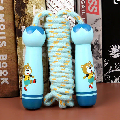 Wooden children's skipping toy with adjustable rope showing six character style options