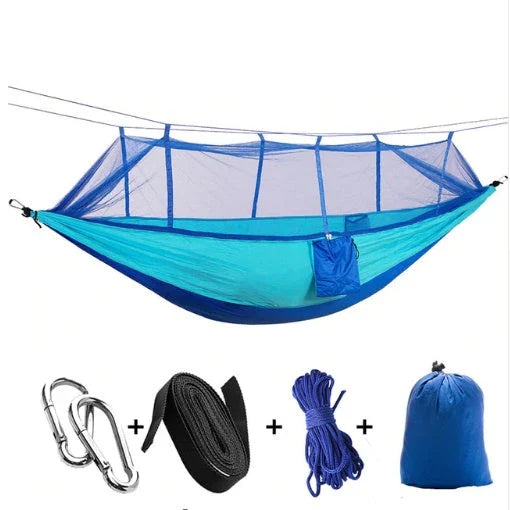 Lightweight and portable parachute hammock with mosquito net for outdoor relaxation