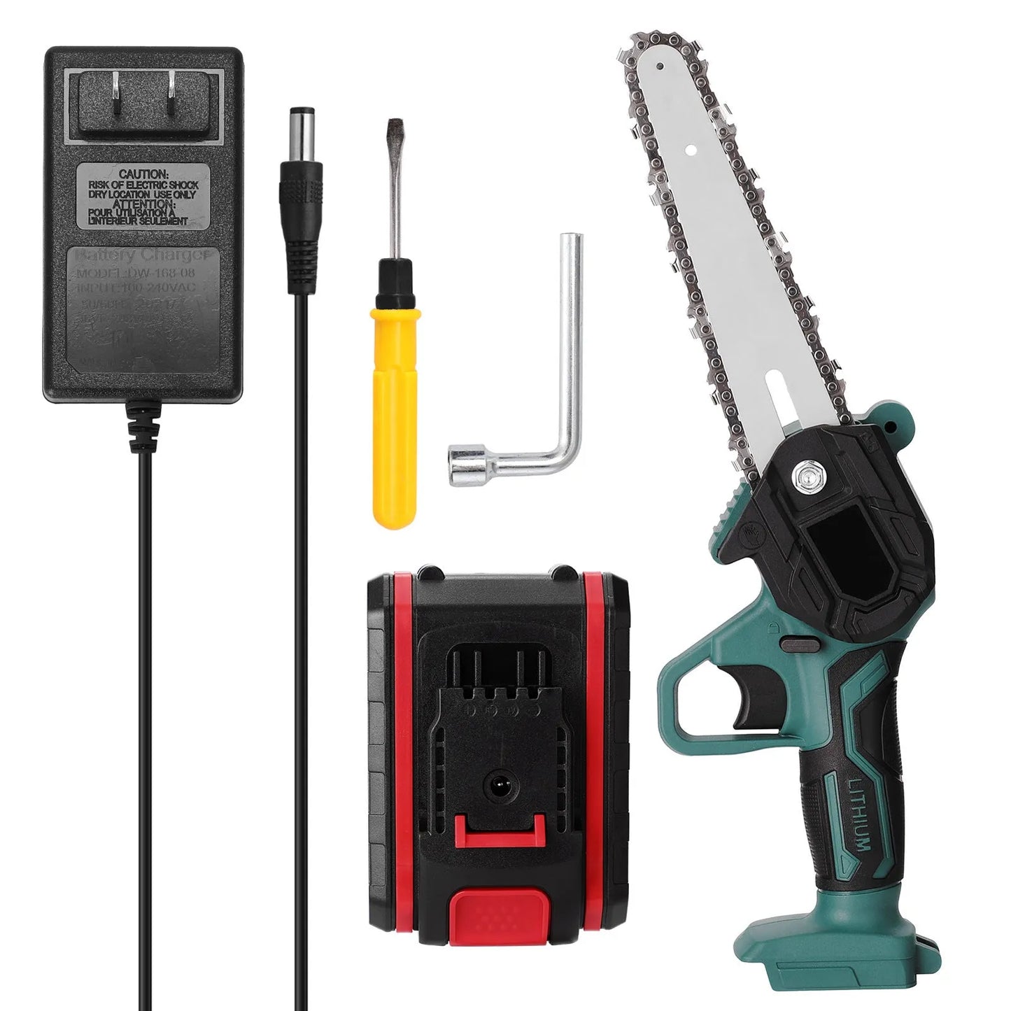 Black one-hand electric chainsaw with 4-inch cutting bar and lithium battery for garden log cutting
