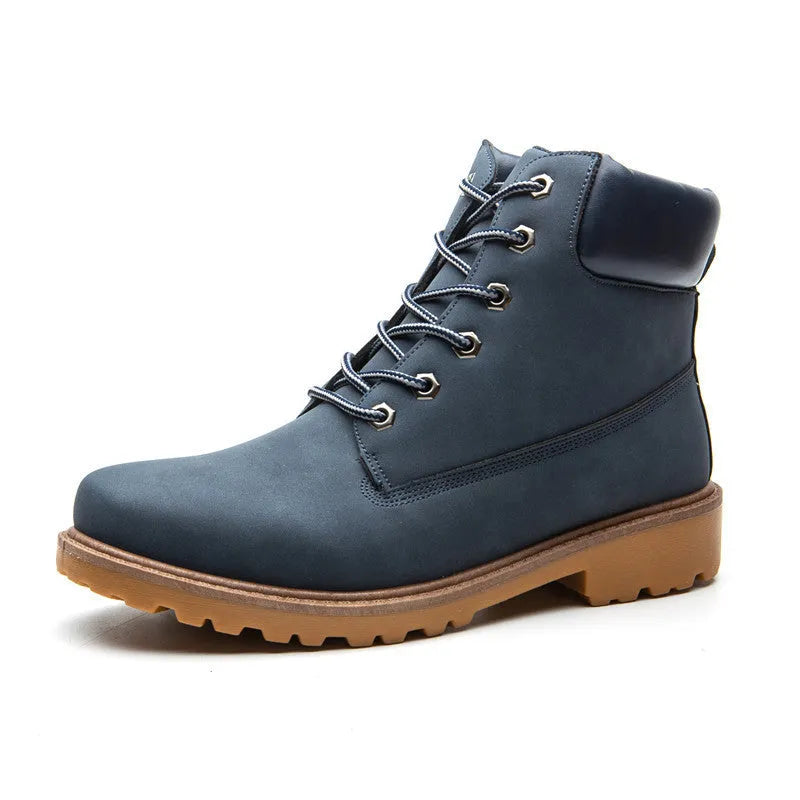 Men's pink high-top Martin boots with velvet lining and flat bottom design