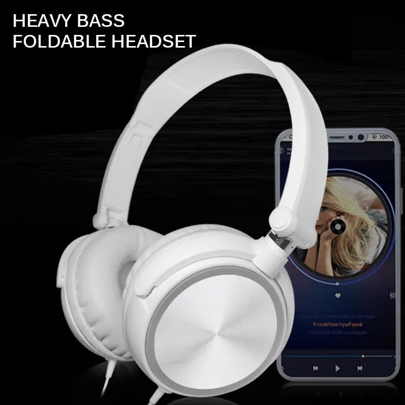Black folding over-ear wired headphones with adjustable headband and 3.5mm plug on a white background.