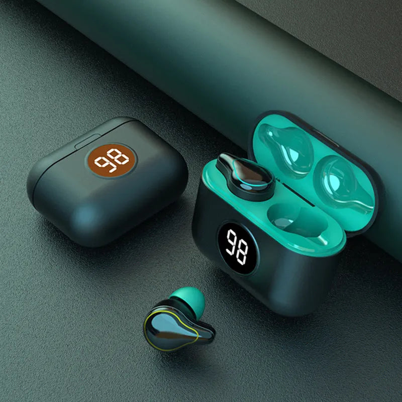 Black in-ear Bluetooth headset with silicone ear tips, showing bilateral design for stereo sound