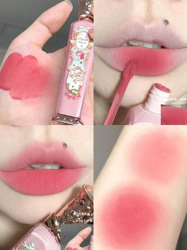 Flower Knows Strawberry Rococo Series Embossed Blush Velvet Matte Lip Glaze in retro perfume bottle design