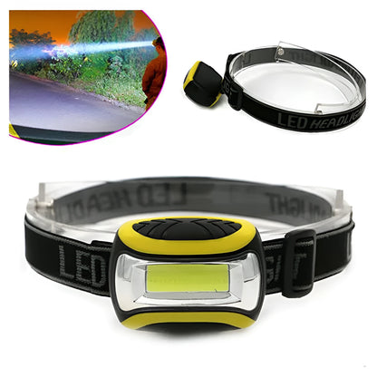 Yellow plastic headlamp with adjustable headband and COB LED light, showing three-speed control buttons.
