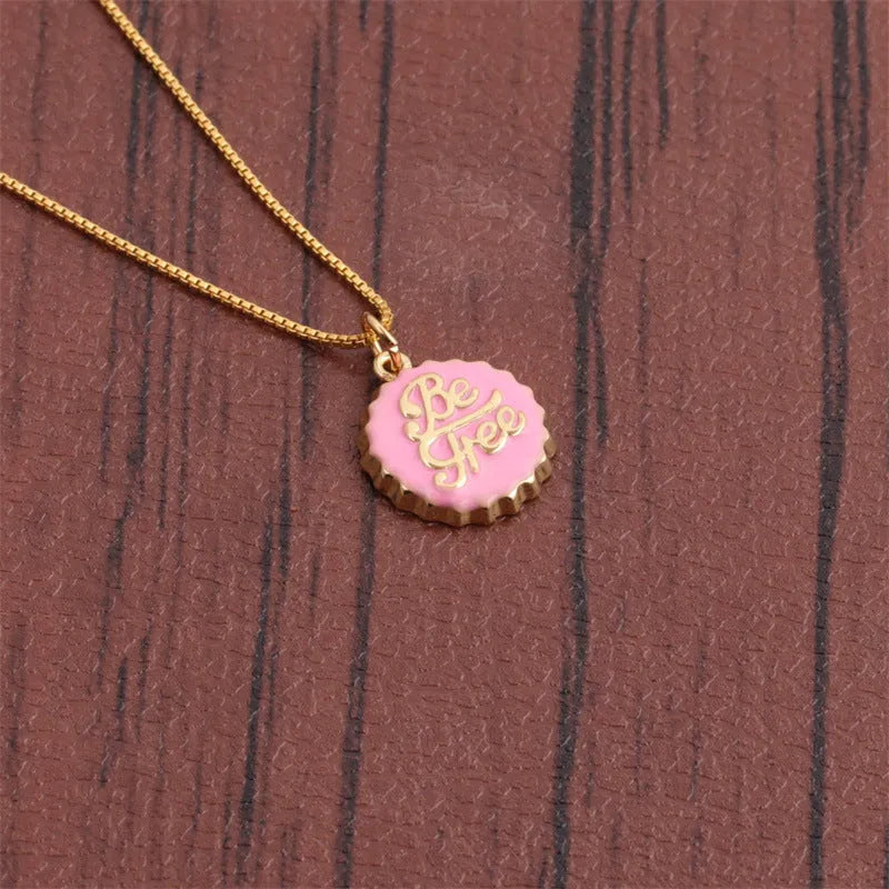 Copper bottle cap pendant necklace with 18K gold plating on a 40cm box chain in various colours