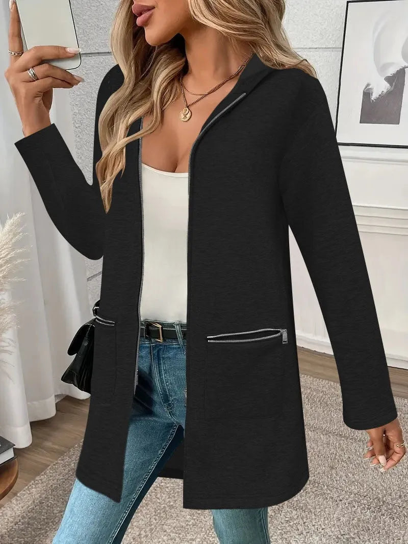 Loose mid-length cardigan coat for women in polyester fabric with pockets