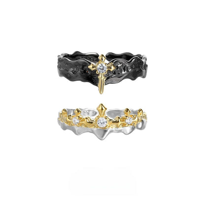 Princess Knight adjustable opening couple's ring in silver with white gold or black gold electroplated finish.