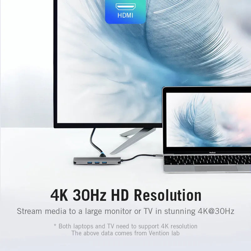 Deep grey Type-C to HDMI, USB, Ethernet, and card reader hub with 0.15m cable on a laptop