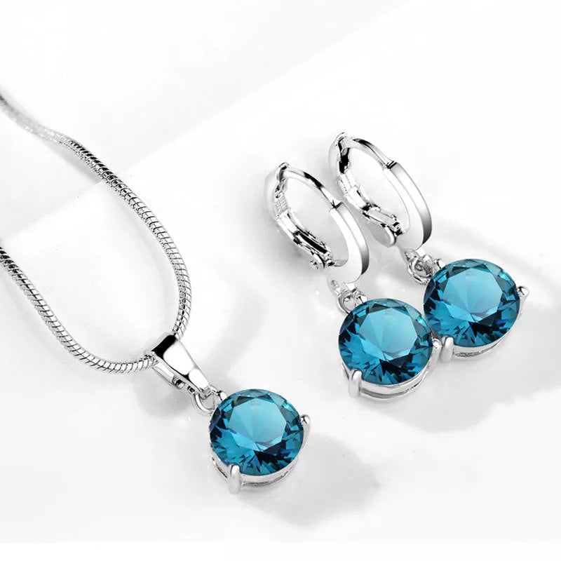 Water Drop Necklace and Earring Set with zircon gemstones in various colors