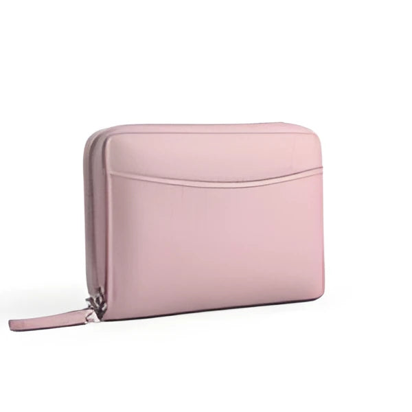 Genuine leather men's and women's zipper coin storage purse in black with sewing line detail.