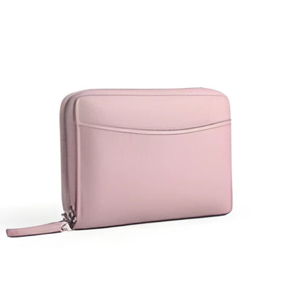 Genuine leather men's and women's zipper coin storage purse in black with sewing line detail.