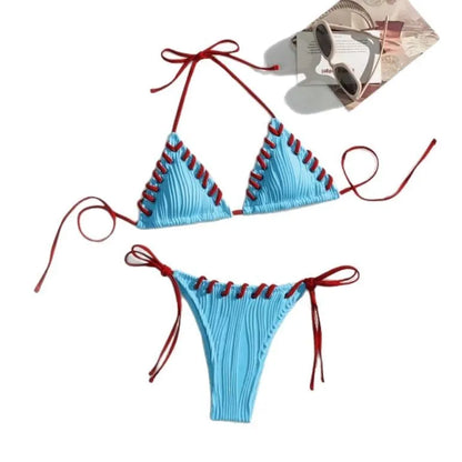 Women's solid colour polyester bikini with eye rope detail, briefs style, sizes S M L