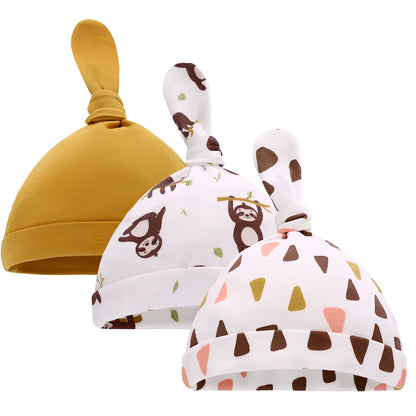 Pure cotton baby hat with dinosaur orange stripes pattern showing 36-48cm adjustable head circumference