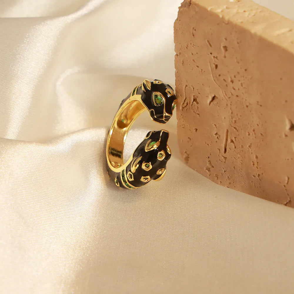 Women's black cheetah open ring with oil dripping design on copper in size 7