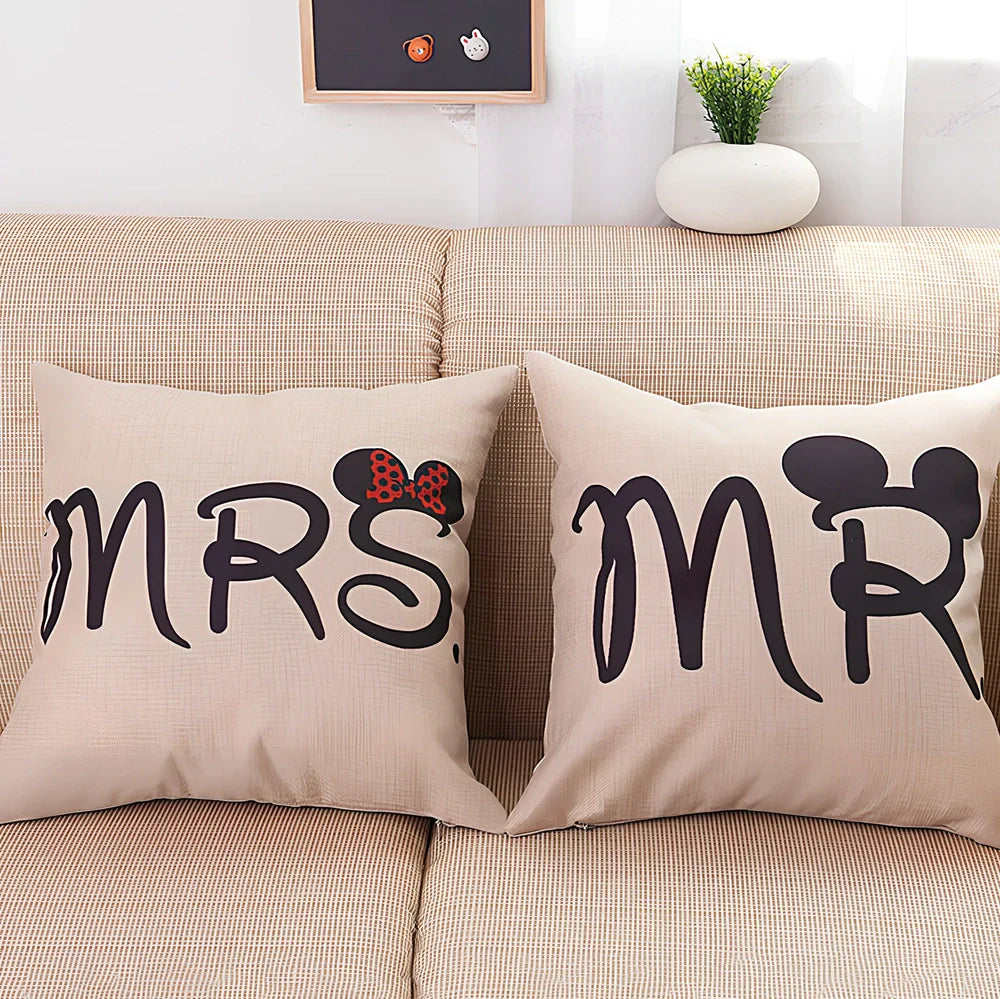 45x45cm linen pillowcase with cartoon design in MR and MRS colour options