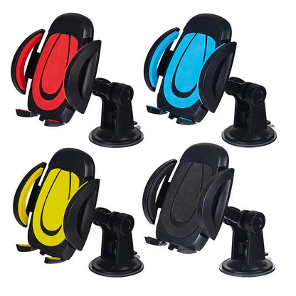 Red U-shaped mobile phone bracket with suction cup and clamp for car or table mounting